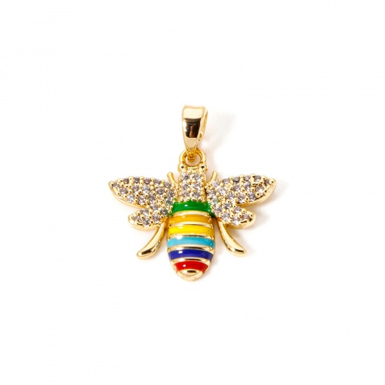 Imagen de 1 Unidad Respetuoso del Medio Ambiente Latón Insecto Colgantes Charms 18K Oro Real Chapado Multicolor Esmalte Abejas Claro Circón Artificial 21mm x 19mm