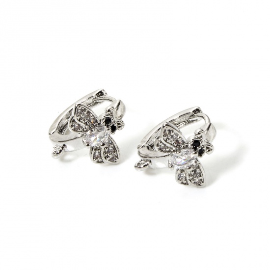 Picture of 1 Pair Brass Insect Earrings Platinum Plated Bee Animal Clear & Black Cubic Zirconia With Loop 14.5mm x 13mm, Post/ Wire Size: (18 gauge)