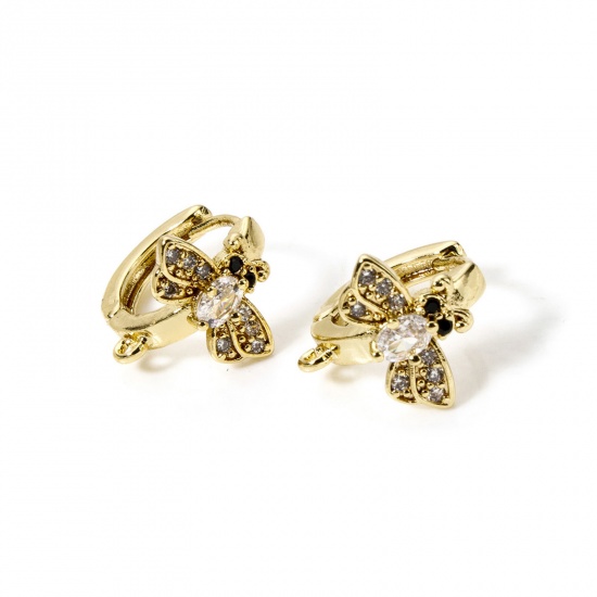Picture of 1 Pair Brass Insect Earrings 18K Gold Plated Bee Animal Clear & Black Cubic Zirconia With Loop 14.5mm x 13mm, Post/ Wire Size: (18 gauge)