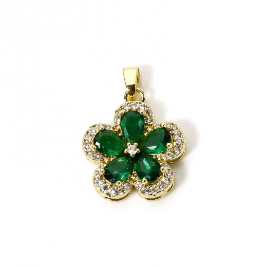 Image de 1 Pièce Pendentif Breloque Respectueux de la Nature en Laiton Plaqué Or Véritable 18K Vert Fleur à Zircone Cubique Clair 24mm x 17mm