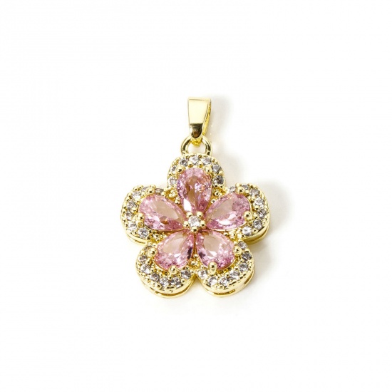 Image de 1 Pièce Pendentif Breloque Respectueux de la Nature en Laiton Plaqué Or Véritable 18K Rose Clair Fleur à Zircone Cubique Clair 24mm x 17mm