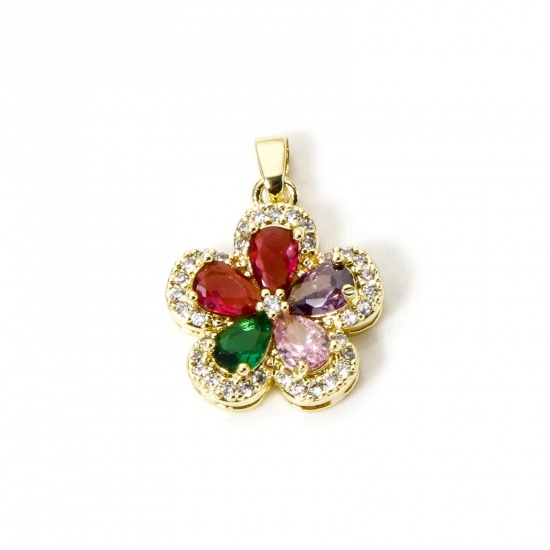 Image de 1 Pièce Pendentif Breloque Respectueux de la Nature en Laiton Plaqué Or Véritable 18K Multicolore Fleur à Zircone Cubique Clair 24mm x 17mm