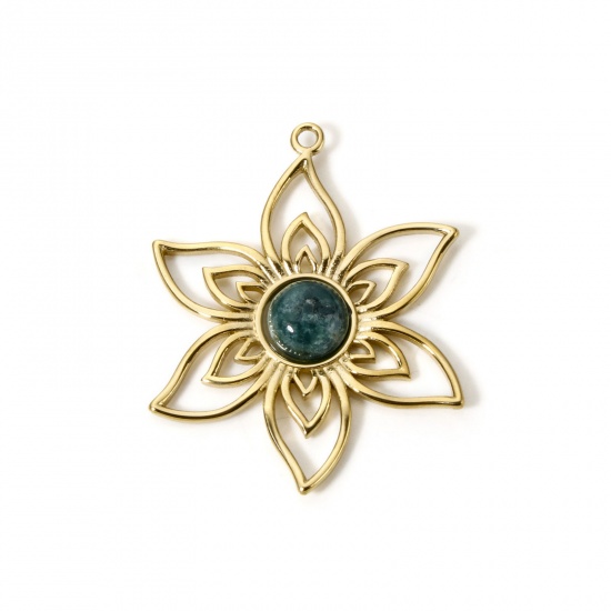 Image de 1 Pièce Pendentifs en 304 Acier Inoxydable Revêtement sous Vide PVD Respectueux de l'Environnement Collection Végétale Fleur Plaqué Or Véritable 14K Bleu Avec Cabochon de Gemme Synthétique 4.8cm x 3.8cm