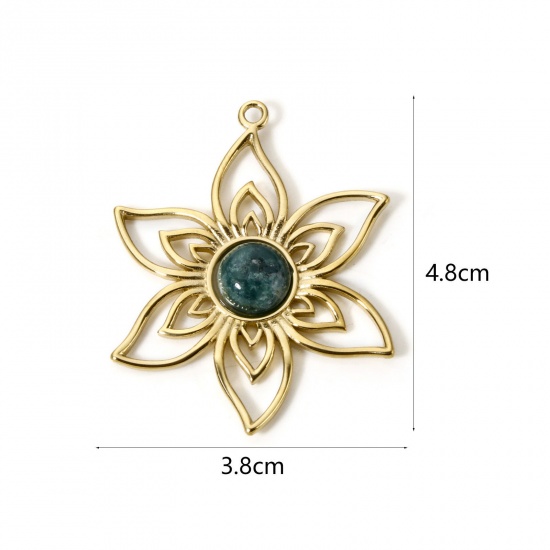 Image de 1 Pièce Pendentifs en 304 Acier Inoxydable Revêtement sous Vide PVD Respectueux de l'Environnement Collection Végétale Fleur Plaqué Or Véritable 14K Bleu Avec Cabochon de Gemme Synthétique 4.8cm x 3.8cm