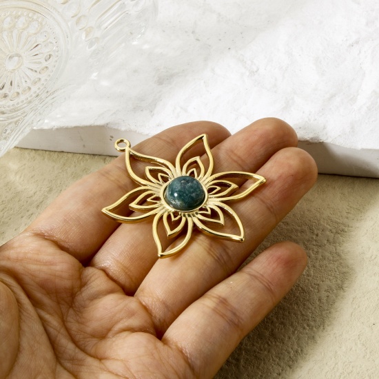 Image de 1 Pièce Pendentifs en 304 Acier Inoxydable Revêtement sous Vide PVD Respectueux de l'Environnement Collection Végétale Fleur Plaqué Or Véritable 14K Bleu Avec Cabochon de Gemme Synthétique 4.8cm x 3.8cm