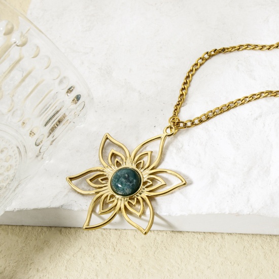 Image de 1 Pièce Pendentifs en 304 Acier Inoxydable Revêtement sous Vide PVD Respectueux de l'Environnement Collection Végétale Fleur Plaqué Or Véritable 14K Bleu Avec Cabochon de Gemme Synthétique 4.8cm x 3.8cm