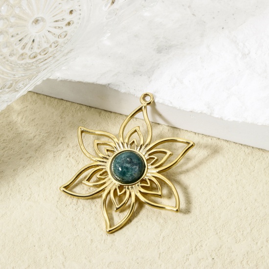 Image de 1 Pièce Pendentifs en 304 Acier Inoxydable Revêtement sous Vide PVD Respectueux de l'Environnement Collection Végétale Fleur Plaqué Or Véritable 14K Bleu Avec Cabochon de Gemme Synthétique 4.8cm x 3.8cm
