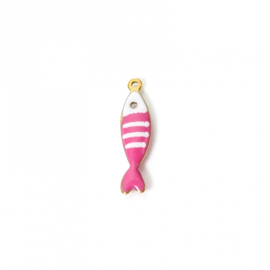 Image de 5 Pcs Breloques en 304 Acier Inoxydable Revêtement sous Vide PVD Respectueux de l'Environnement Bijoux d'Océan Poisson Plaqué Or Véritable 18K Rose Rayées Émail 18.5mm x 5mm