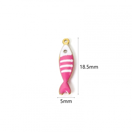 Picture of 5 PCs Eco-friendly PVD Vacuum Plating Waterproof Anti-Tarnish Hypoallergenic 304 Stainless Steel Ocean Jewelry Charms 18K Real Gold Plated Hot Pink Fish Animal Stripe Enamel 18.5mm x 5mm