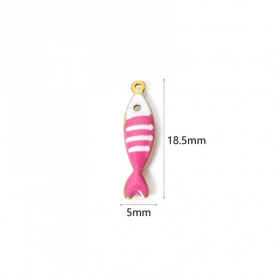 Image de 5 Pcs Breloques en 304 Acier Inoxydable Revêtement sous Vide PVD Respectueux de l'Environnement Bijoux d'Océan Poisson Plaqué Or Véritable 18K Rose Rayées Émail 18.5mm x 5mm