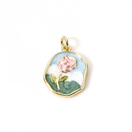 Immagine di 1 Pz Ecologico Ottone Ciondoli 18K Vero Oro Placcato Multicolore Smalto Irregolare Rosa 20mm x 13mm