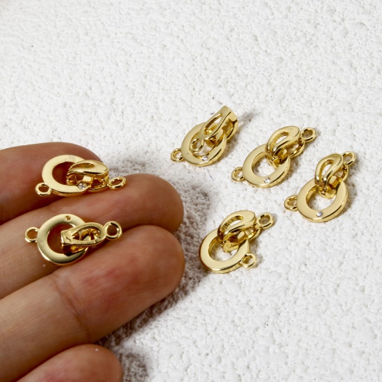 Изображение 2 Комплекта Латунь Складная пряжка Круглые 18K позолоченный Прозрачный Искусственный Циркон 19мм x 9.5мм