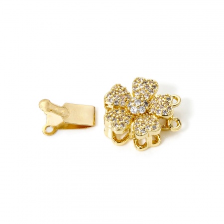 1 Piece Brass Push In Snap Lock Clasps Flower 18K Gold Plated Clear Cubic Zirconia 19mm x 14.5mm