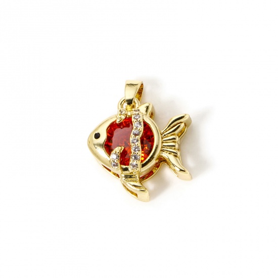 Immagine di 2 Pz Ecologico Ottone Gioielli Oceanici Ciondoli Pendenti 18K Vero Oro Placcato Pesce Rosso Cubic Zirconiae 20mm x 15mm