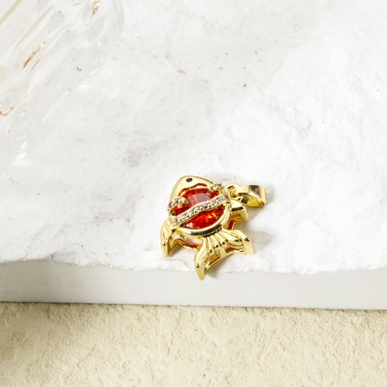 Immagine di 2 Pz Ecologico Ottone Gioielli Oceanici Ciondoli Pendenti 18K Vero Oro Placcato Pesce Rosso Cubic Zirconiae 20mm x 15mm