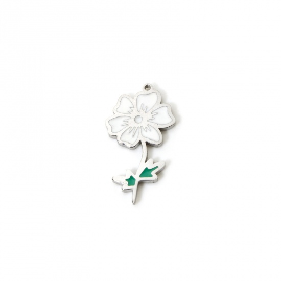 Bild von 1 Stück Umweltfreundlich 304 Edelstahl Geburtsmonat Blume Charms Kosmosblume Silberfarbe Weiß & Grün Oktober Emaille 20mm x 11mm