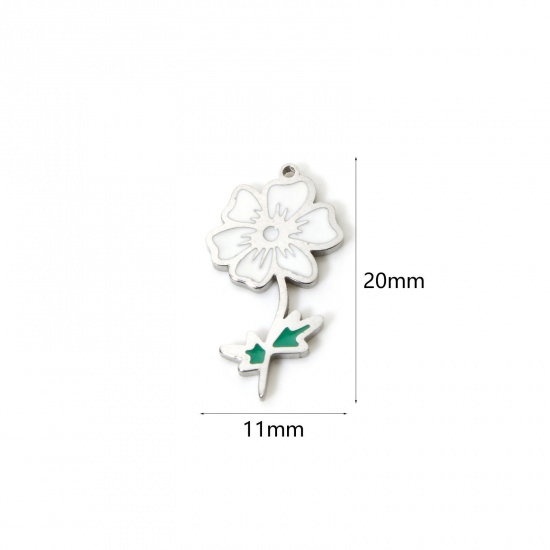 Bild von 1 Stück Umweltfreundlich 304 Edelstahl Geburtsmonat Blume Charms Kosmosblume Silberfarbe Weiß & Grün Oktober Emaille 20mm x 11mm
