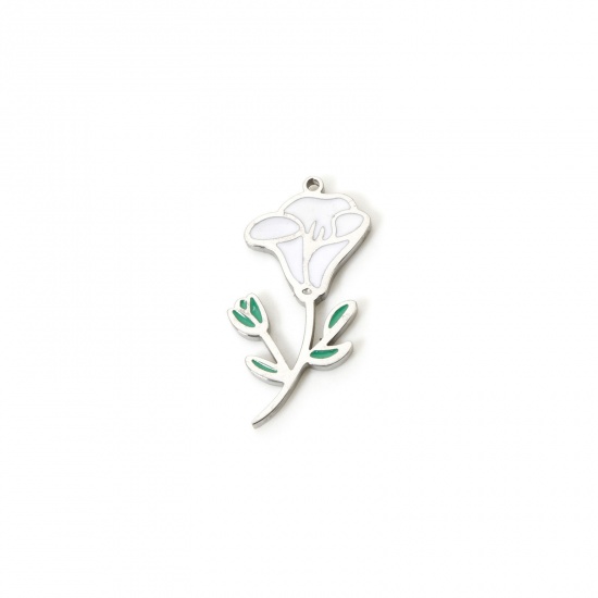 Bild von 1 Stück Umweltfreundlich 304 Edelstahl Geburtsmonat Blume Charms Blaue Prunkwinde Silberfarbe Weiß & Grün September Emaille 21mm x 10mm