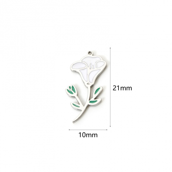 Bild von 1 Stück Umweltfreundlich 304 Edelstahl Geburtsmonat Blume Charms Blaue Prunkwinde Silberfarbe Weiß & Grün September Emaille 21mm x 10mm