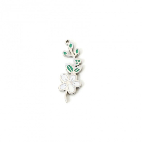 Bild von 1 Stück Umweltfreundlich 304 Edelstahl Geburtsmonat Blume Charms Weißdorn-Blume Silberfarbe Weiß & Grün Mai Emaille 21mm x 7mm