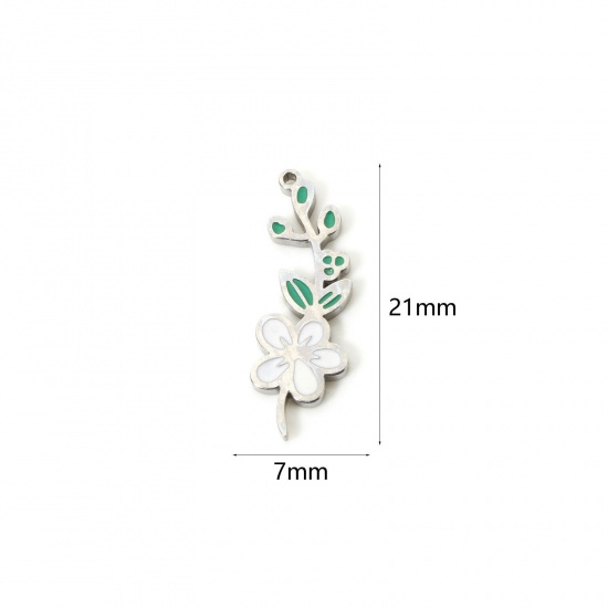 Bild von 1 Stück Umweltfreundlich 304 Edelstahl Geburtsmonat Blume Charms Weißdorn-Blume Silberfarbe Weiß & Grün Mai Emaille 21mm x 7mm