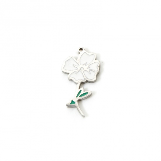 Bild von 1 Stück Umweltfreundlich 304 Edelstahl Geburtsmonat Blume Charms Mohn Silberfarbe Weiß & Grün August Emaille 19mm x 10mm