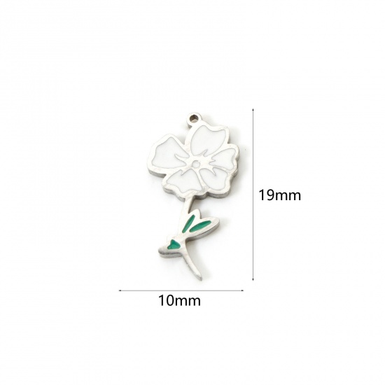 Bild von 1 Stück Umweltfreundlich 304 Edelstahl Geburtsmonat Blume Charms Mohn Silberfarbe Weiß & Grün August Emaille 19mm x 10mm