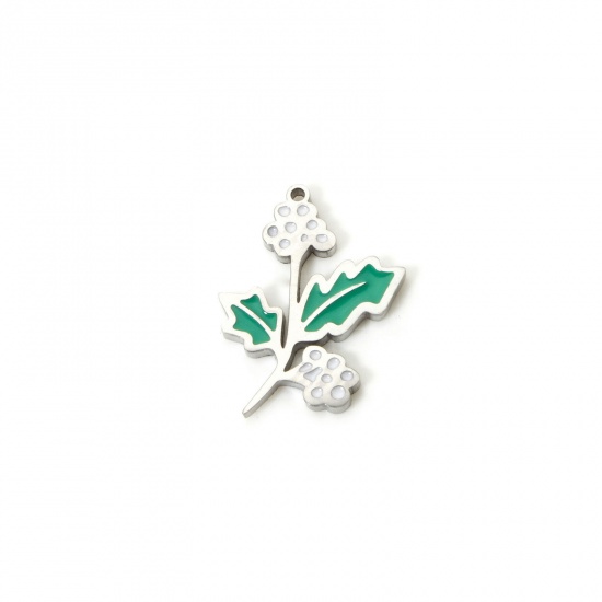Bild von 1 Stück Umweltfreundlich 304 Edelstahl Geburtsmonat Blume Charms Weihnachten Stechpalmblätter Silberfarbe Weiß & Grün Dezember Emaille 16.5mm x 13mm