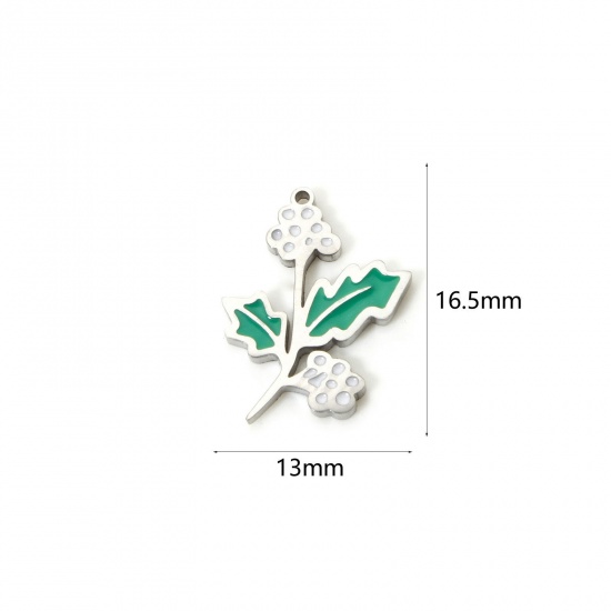 Bild von 1 Stück Umweltfreundlich 304 Edelstahl Geburtsmonat Blume Charms Weihnachten Stechpalmblätter Silberfarbe Weiß & Grün Dezember Emaille 16.5mm x 13mm