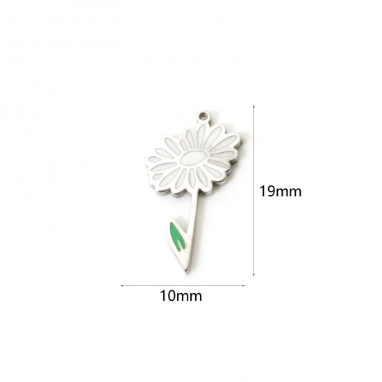 Bild von 1 Stück Umweltfreundlich 304 Edelstahl Geburtsmonat Blume Charms Gänseblümchen Silberfarbe Weiß & Grün April Emaille 19mm x 10mm