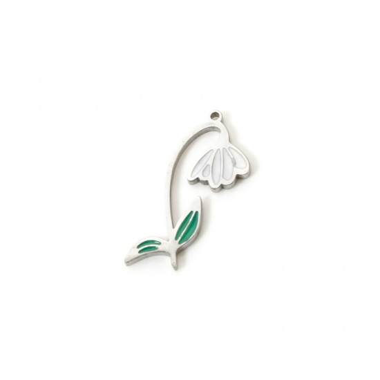 Bild von 1 Stück Umweltfreundlich 304 Edelstahl Geburtsmonat Blume Charms Schneeglöckchen Silberfarbe Weiß & Grün Januar Emaille 19mm x 13mm
