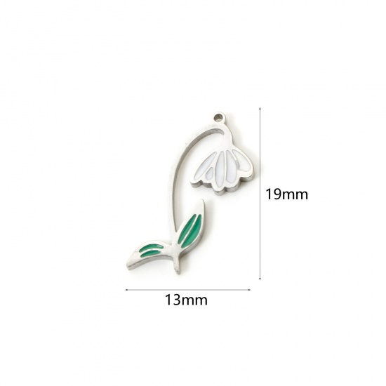 Bild von 1 Stück Umweltfreundlich 304 Edelstahl Geburtsmonat Blume Charms Schneeglöckchen Silberfarbe Weiß & Grün Januar Emaille 19mm x 13mm