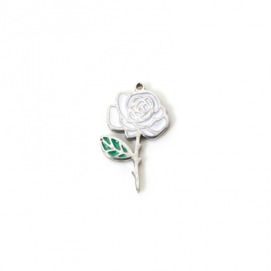 Bild von 1 Stück Umweltfreundlich 304 Edelstahl Geburtsmonat Blume Charms Rose Silberfarbe Weiß & Grün Juni Emaille 17mm x 11mm