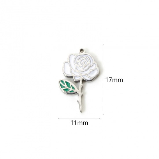 Bild von 1 Stück Umweltfreundlich 304 Edelstahl Geburtsmonat Blume Charms Rose Silberfarbe Weiß & Grün Juni Emaille 17mm x 11mm