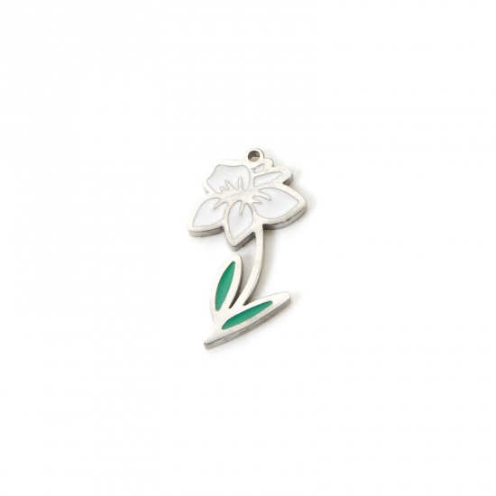 Bild von 1 Stück Umweltfreundlich 304 Edelstahl Geburtsmonat Blume Charms Narzisse Silberfarbe Weiß & Grün März Emaille 18mm x 10mm