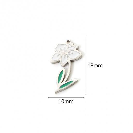 Bild von 1 Stück Umweltfreundlich 304 Edelstahl Geburtsmonat Blume Charms Narzisse Silberfarbe Weiß & Grün März Emaille 18mm x 10mm