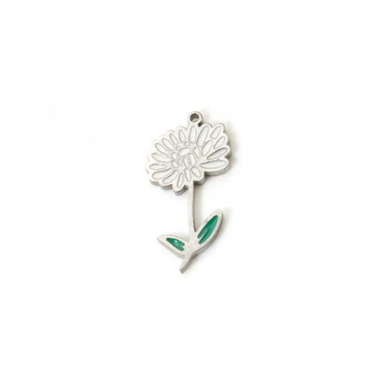 Bild von 1 Stück Umweltfreundlich 304 Edelstahl Geburtsmonat Blume Charms Chrysantheme Silberfarbe Weiß & Grün November Emaille 18mm x 9mm