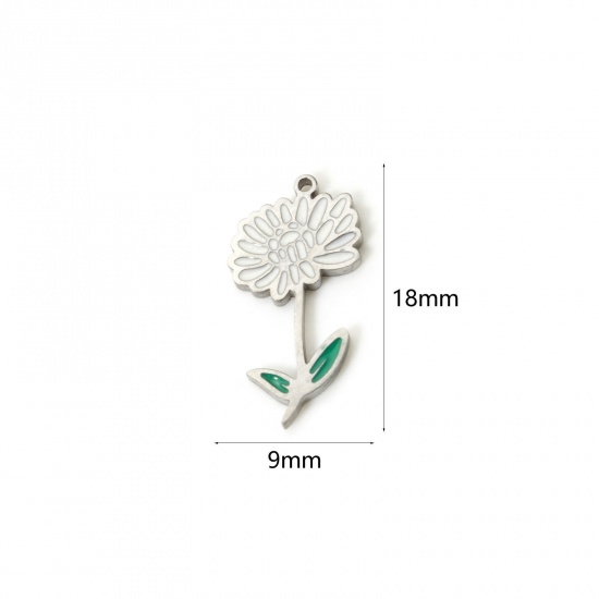 Bild von 1 Stück Umweltfreundlich 304 Edelstahl Geburtsmonat Blume Charms Chrysantheme Silberfarbe Weiß & Grün November Emaille 18mm x 9mm
