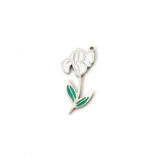 Bild von 1 Stück Umweltfreundlich 304 Edelstahl Geburtsmonat Blume Charms Iris Blume Silberfarbe Weiß & Grün Februar Emaille 19mm x 9mm