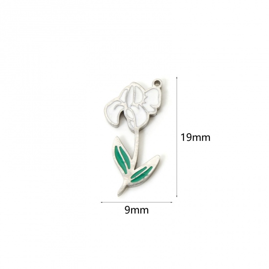 Bild von 1 Stück Umweltfreundlich 304 Edelstahl Geburtsmonat Blume Charms Iris Blume Silberfarbe Weiß & Grün Februar Emaille 19mm x 9mm