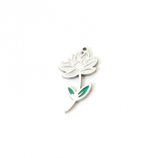 Bild von 1 Stück Umweltfreundlich 304 Edelstahl Geburtsmonat Blume Charms Lotosblume Silberfarbe Weiß & Grün Juli Emaille 18mm x 10mm
