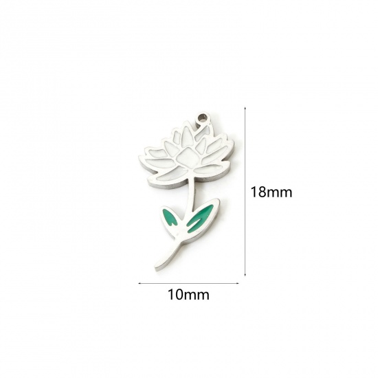 Bild von 1 Stück Umweltfreundlich 304 Edelstahl Geburtsmonat Blume Charms Lotosblume Silberfarbe Weiß & Grün Juli Emaille 18mm x 10mm