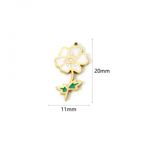 Bild von 1 Stück Umweltfreundliche Vakuumbeschichtung 304 Edelstahl Geburtsmonat Blume Charms Kosmosblume 18K Echtgold plattiert Weiß & Grün Oktober Emaille 20mm x 11mm