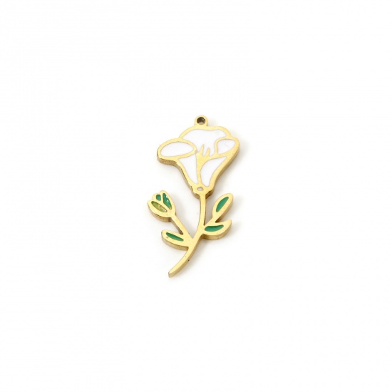 Bild von 1 Stück Umweltfreundliche Vakuumbeschichtung 304 Edelstahl Geburtsmonat Blume Charms Blaue Prunkwinde 18K Echtgold plattiert Weiß & Grün September Emaille 21mm x 10mm