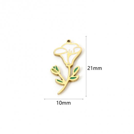 Bild von 1 Stück Umweltfreundliche Vakuumbeschichtung 304 Edelstahl Geburtsmonat Blume Charms Blaue Prunkwinde 18K Echtgold plattiert Weiß & Grün September Emaille 21mm x 10mm