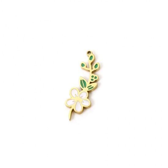 Bild von 1 Stück Umweltfreundliche Vakuumbeschichtung 304 Edelstahl Geburtsmonat Blume Charms Weißdorn-Blume 18K Echtgold plattiert Weiß & Grün Mai Emaille 21mm x 7mm