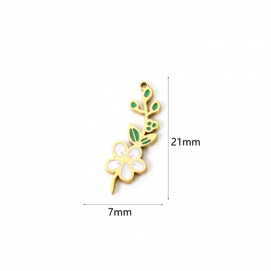 Bild von 1 Stück Umweltfreundliche Vakuumbeschichtung 304 Edelstahl Geburtsmonat Blume Charms Weißdorn-Blume 18K Echtgold plattiert Weiß & Grün Mai Emaille 21mm x 7mm