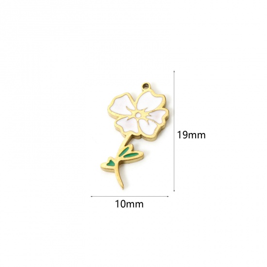 Bild von 1 Stück Umweltfreundliche Vakuumbeschichtung 304 Edelstahl Geburtsmonat Blume Charms Mohn 18K Echtgold plattiert Weiß & Grün August Emaille 19mm x 10mm