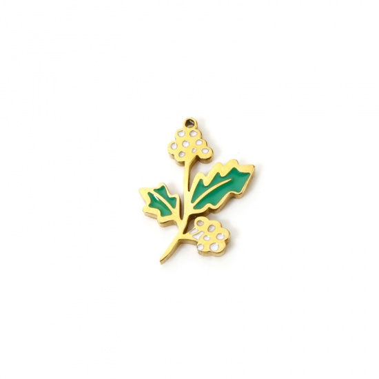 Bild von 1 Stück Umweltfreundliche Vakuumbeschichtung 304 Edelstahl Geburtsmonat Blume Charms Weihnachten Stechpalmblätter 18K Echtgold plattiert Weiß & Grün Dezember Emaille 16.5mm x 13mm