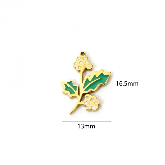 Bild von 1 Stück Umweltfreundliche Vakuumbeschichtung 304 Edelstahl Geburtsmonat Blume Charms Weihnachten Stechpalmblätter 18K Echtgold plattiert Weiß & Grün Dezember Emaille 16.5mm x 13mm
